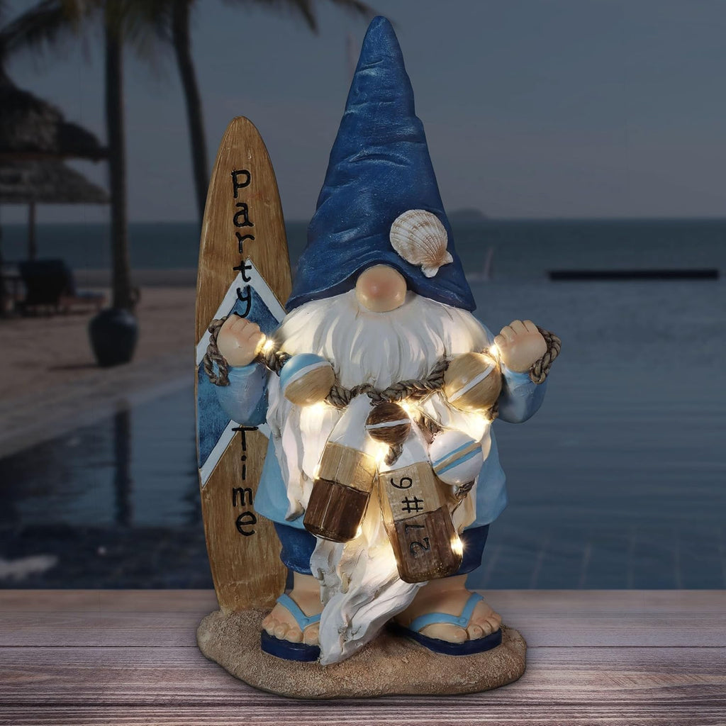Exhart Garden Gnome, Solar Surfer Party Time Garden Sculpture with Surfboard Sign, LED Lights, Outdoor Lawn and Yard Decoration, 7 x 6 x 12.5 Inch