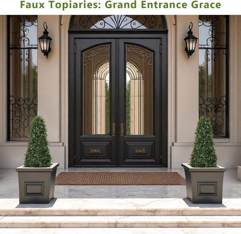 3ft Artificial Boxwood Topiary Trees (Set of 2) - UV Resistant Faux Plants Outdoor, Realistic 36" Fake Cone Bushes and Shrubs for Front Porch, Planter, Patio - Low Maintenance & Evergreen