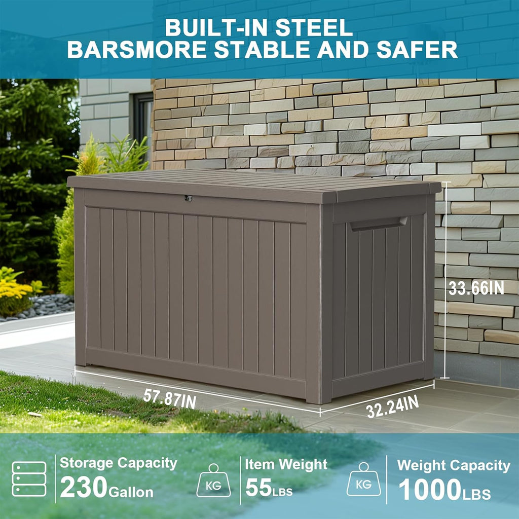 230 Gallon Resin Deck Box, Lockable Patio Outdoor Storage Box for Furniture, Garden Tools and Tools Storage, Waterproof Outside Storage Boxes - Grey