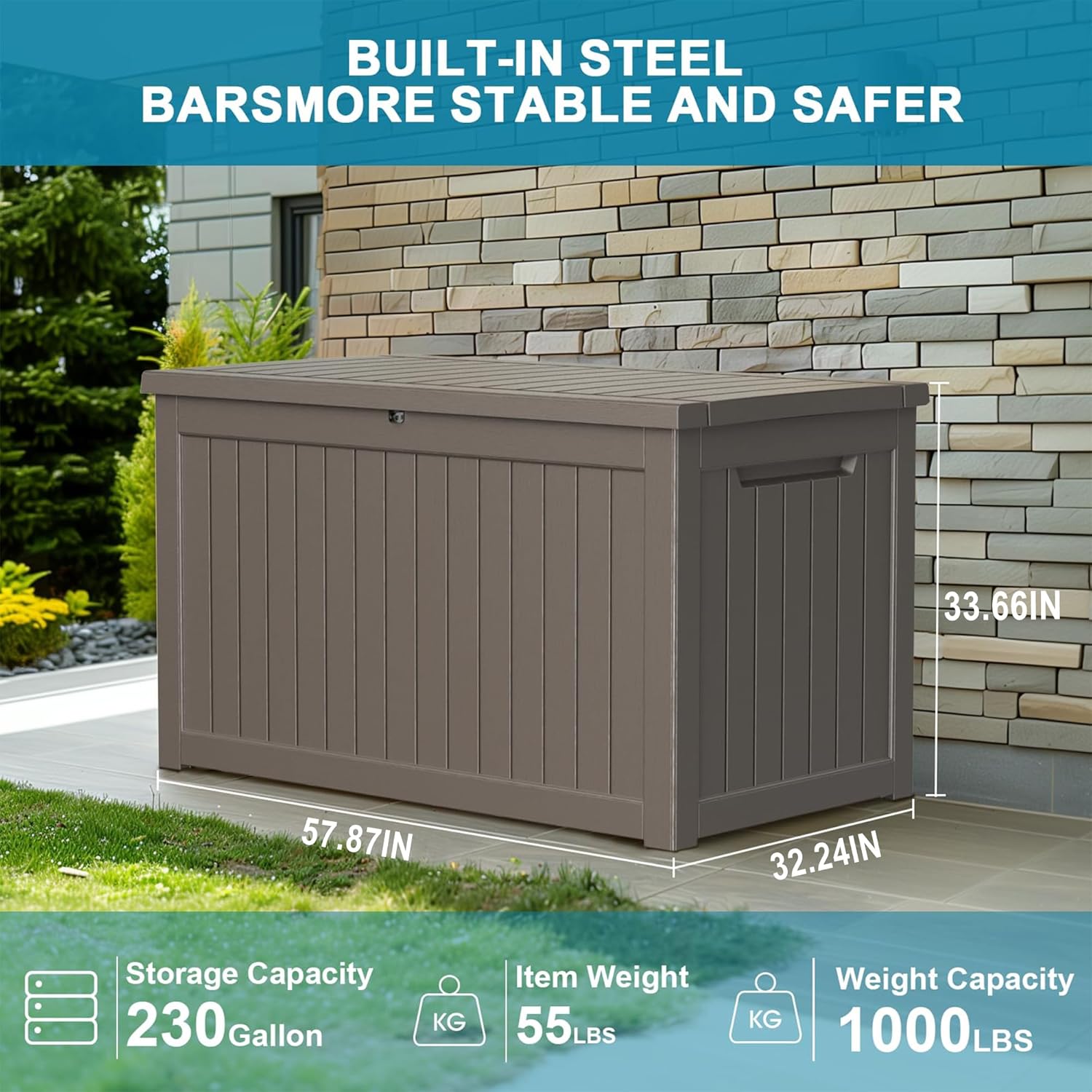 230 Gallon Resin Deck Box, Lockable Patio Outdoor Storage Box for Furniture, Garden Tools and Tools Storage, Waterproof Outside Storage Boxes - Grey