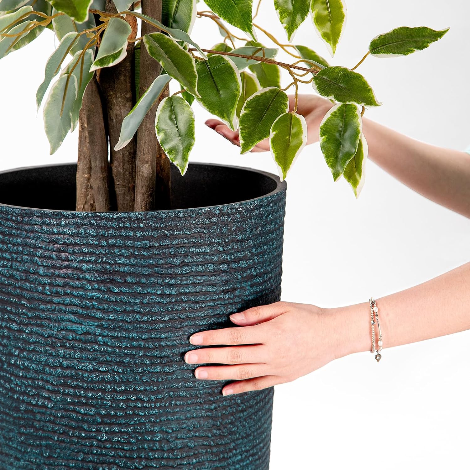 QCQHDU Large Tall Blue Planters with Saucer - 9 Gallon 12" Diameter x 21" H Faux Stone Round Pots for Indoor Plants, Outdoor Patio & Porch Decor, Heavy Duty Weatherproof Plant Containers