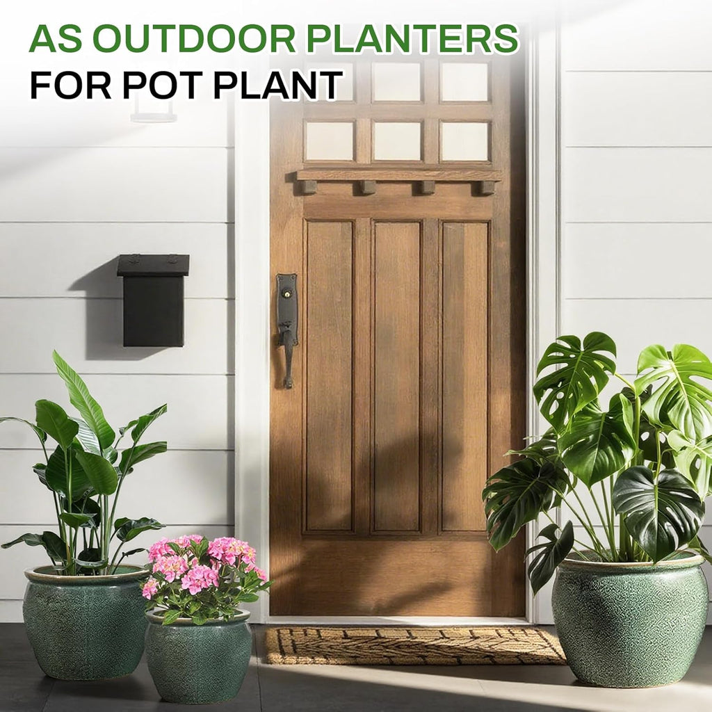 Ceramic Plant Pots Set of 3,9+11.6+14.6 Inch Flower Planters with Drainage Holes Indoor Outdoor, 19.8/8.7/3.8 Qt Capacity, Green Speckled Glaze