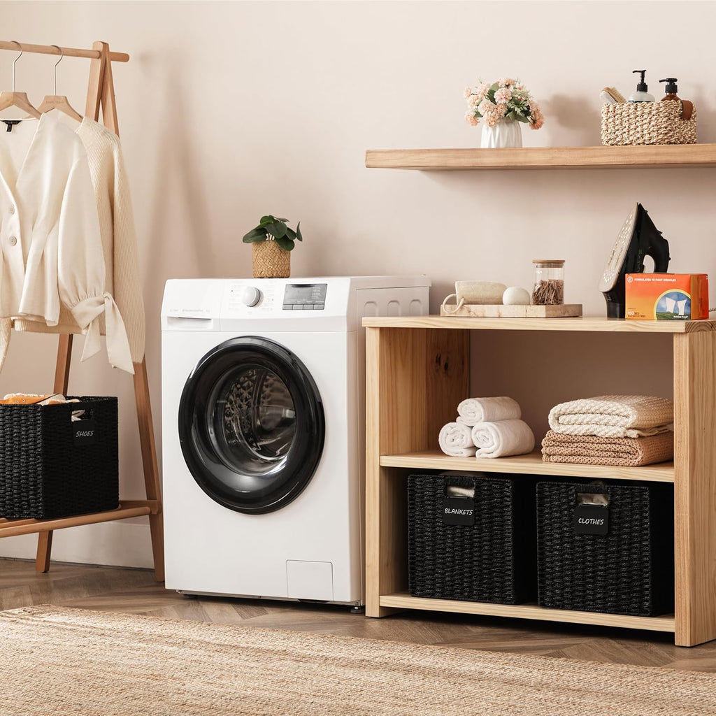 UBBCARE 2 Pack Wicker Basket, 10.5×10.5 Storage Cubes with Label, Foldable Cube Storage Bin with Handle, Square Storage Basket for Shelves, Woven Paper Rope Basket for Organizing, Black