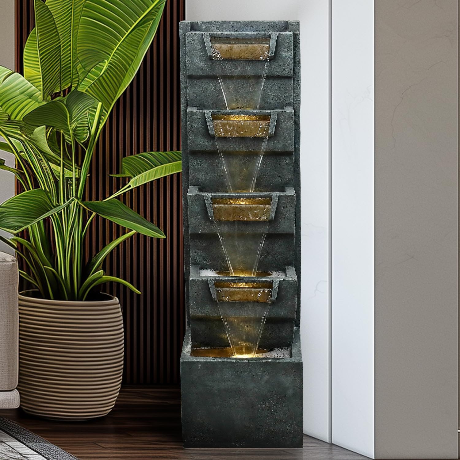 39.3" H Modern Water Fountain 5-Tier Outdoor Garden - Water Fountain w/LED Lights Cascading Waterfall Features for Home Garden Backyard Decor