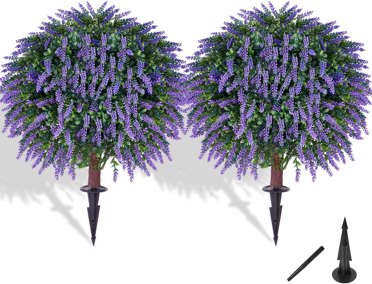 Artificial Lavender Topiany Ball Trees Set of 2,17” Resistant Fake Evergreen Shrubs with Ground SpilRealistic Outdoor Indoor Plants for Garden Porch Maintenance-Free Potted