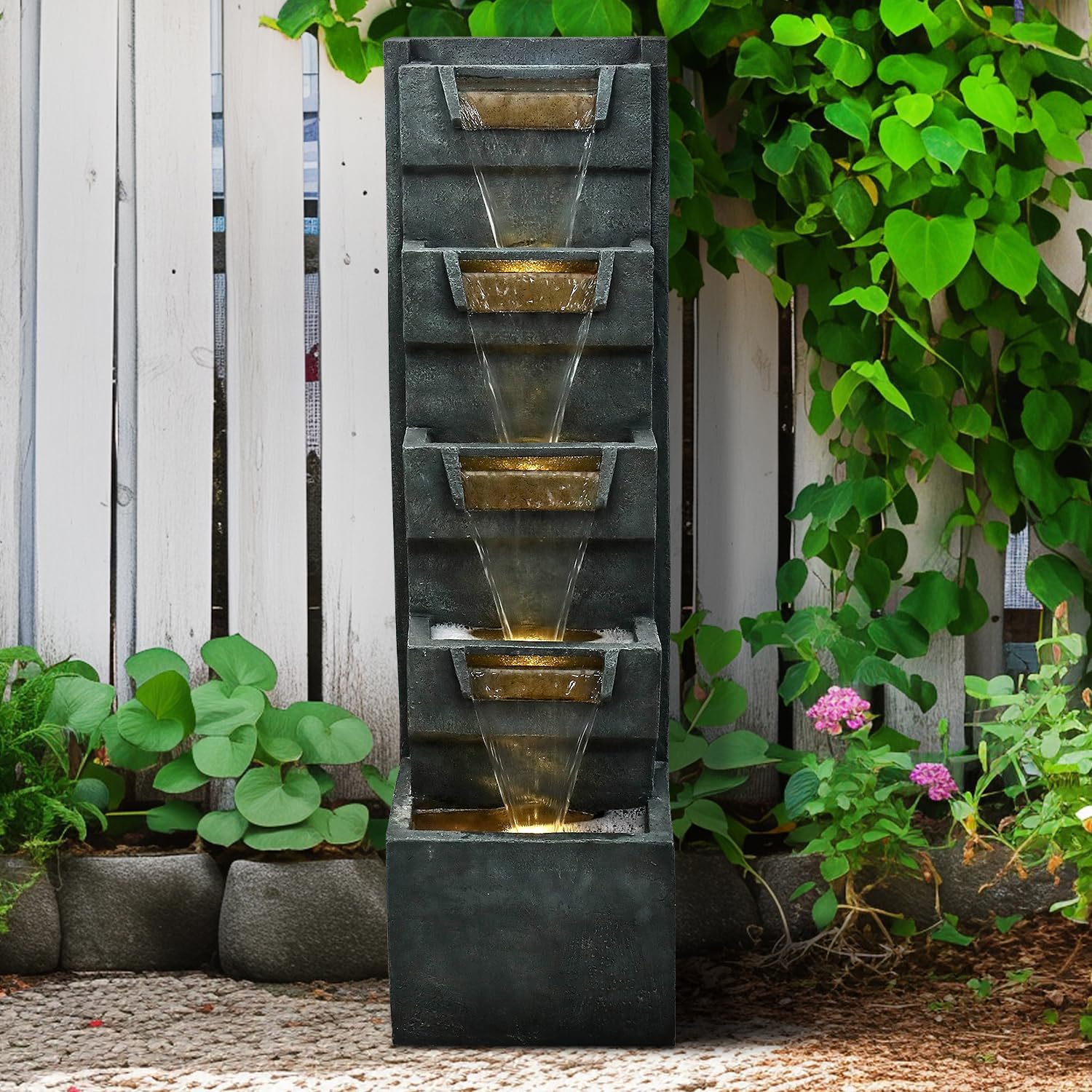 39.3" H Modern Water Fountain 5-Tier Outdoor Garden - Water Fountain w/LED Lights Cascading Waterfall Features for Home Garden Backyard Decor