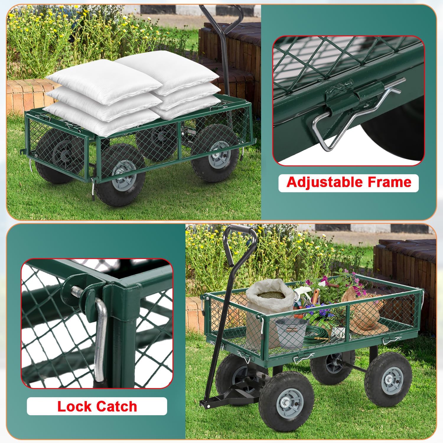 BestMassage Heavy Duty 500 Lbs Capacity Mesh Steel Garden Cart Folding Utility Wagon with Removable Sides for Beach Lawn Yard Landscape (Green)