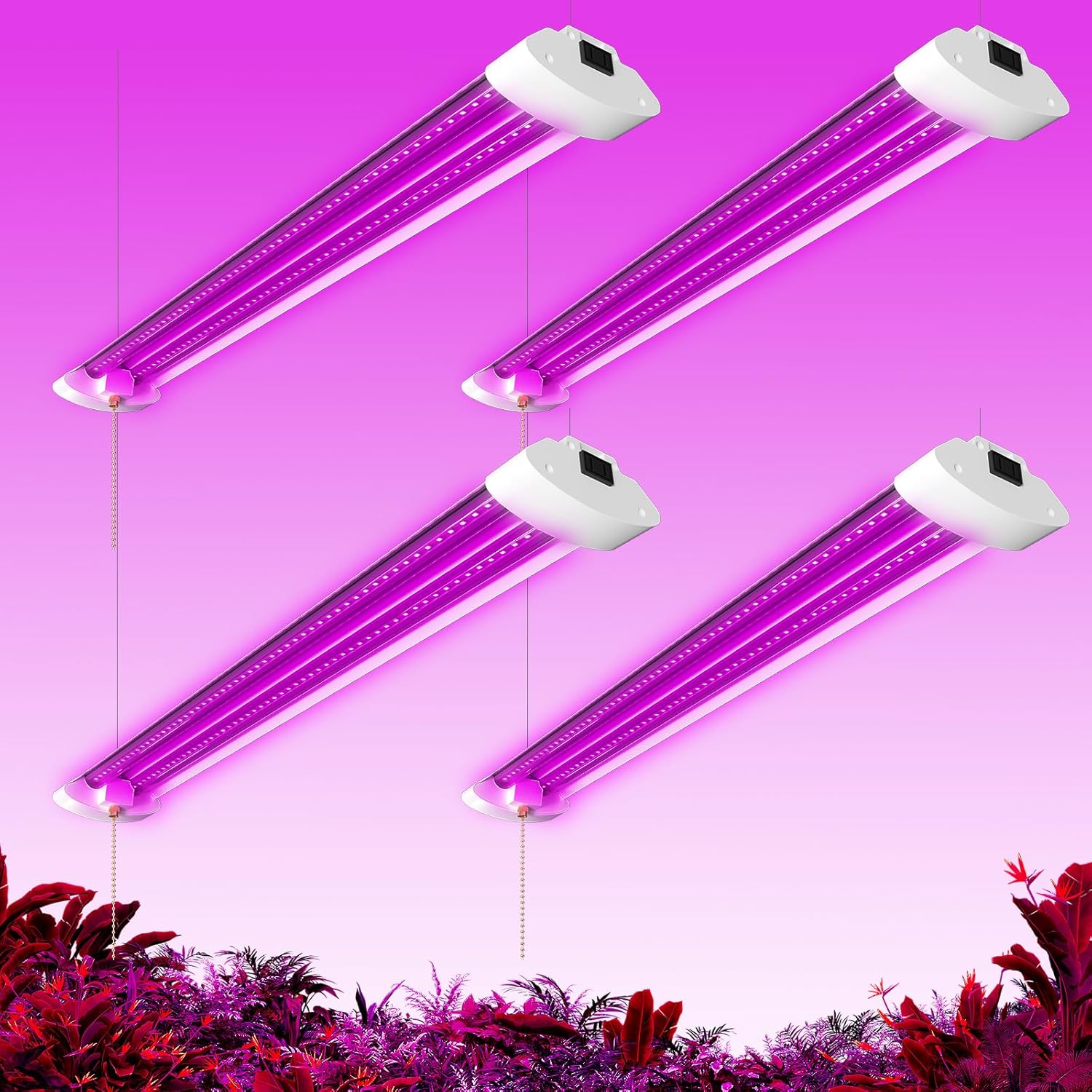 LED Grow Lights for Indoor Plants 48W, 4FT Full Spectrum Sunlight Plant Light, Hanging Suspended Fixture, Linkable, Super Bright, Greenhouse, Easy Installation 4-Pack