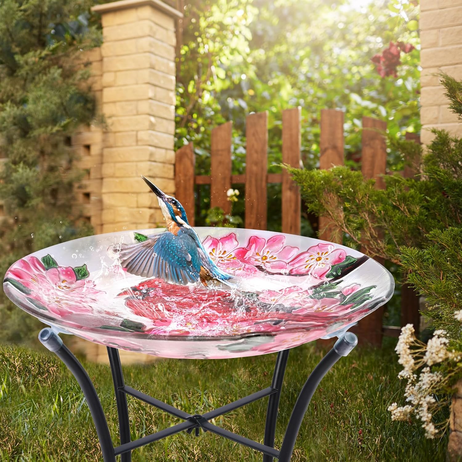 VCUTEKA Bird Baths for Outdoors, Glass Bird Bath with Metal Standing for Garden, Yards Patio Décor, Bird Lovers Gift, Cardinal Glass Birdbath Detachable (22" H * 18" W)
