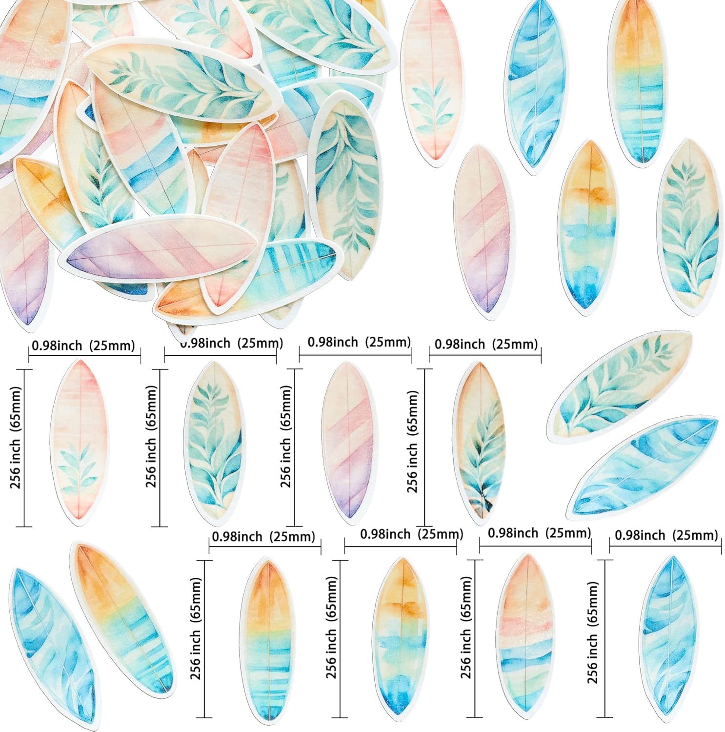 Ephlyn 54Pcs Edible Surfboard Cupcake Toppers Wafer Paper Surfboard Mini Accents for Swimming Pool Summer Beach Party Luau Birthday Baby Shower Party Supplies Blue Pink Yellow