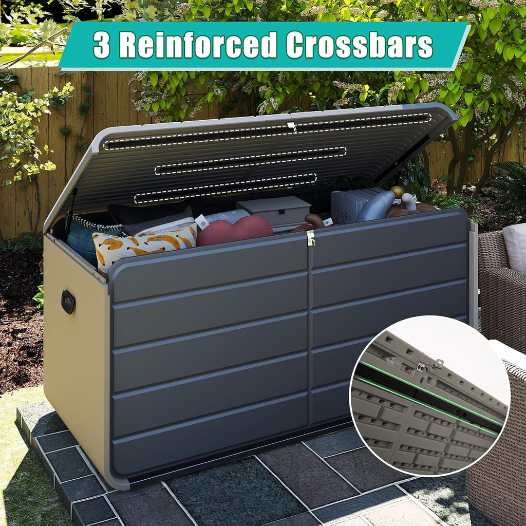 Domi 200 Gallon Resin Deck Box, Waterproof & UV-Resistant Outdoor Large Storage Box Lockable Storage Bin for Patio Cushions Pool Supplies Garden Tools and Delivery Storage