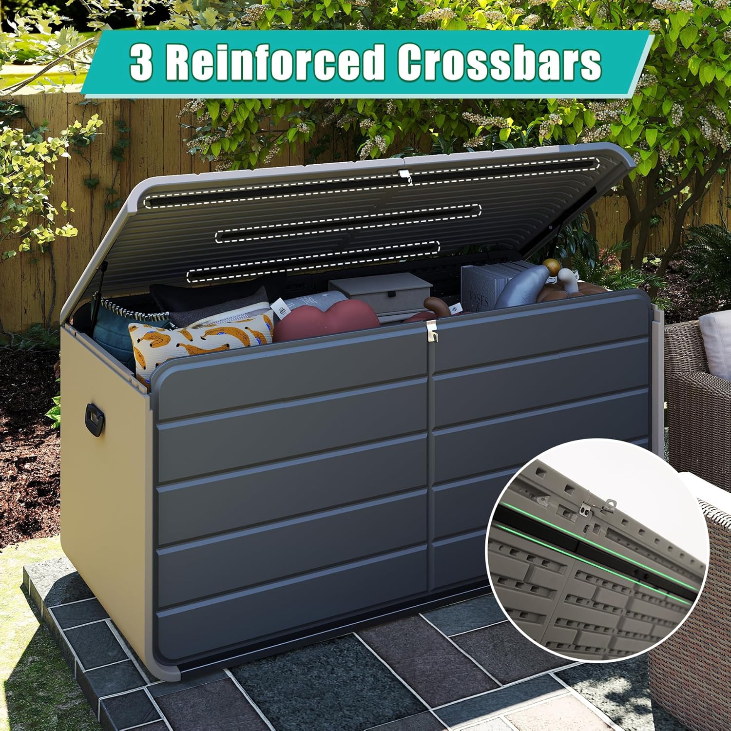 Domi 200 Gallon Resin Deck Box, Waterproof & UV-Resistant Outdoor Large Storage Box Lockable Storage Bin for Patio Cushions Pool Supplies Garden Tools and Delivery Storage