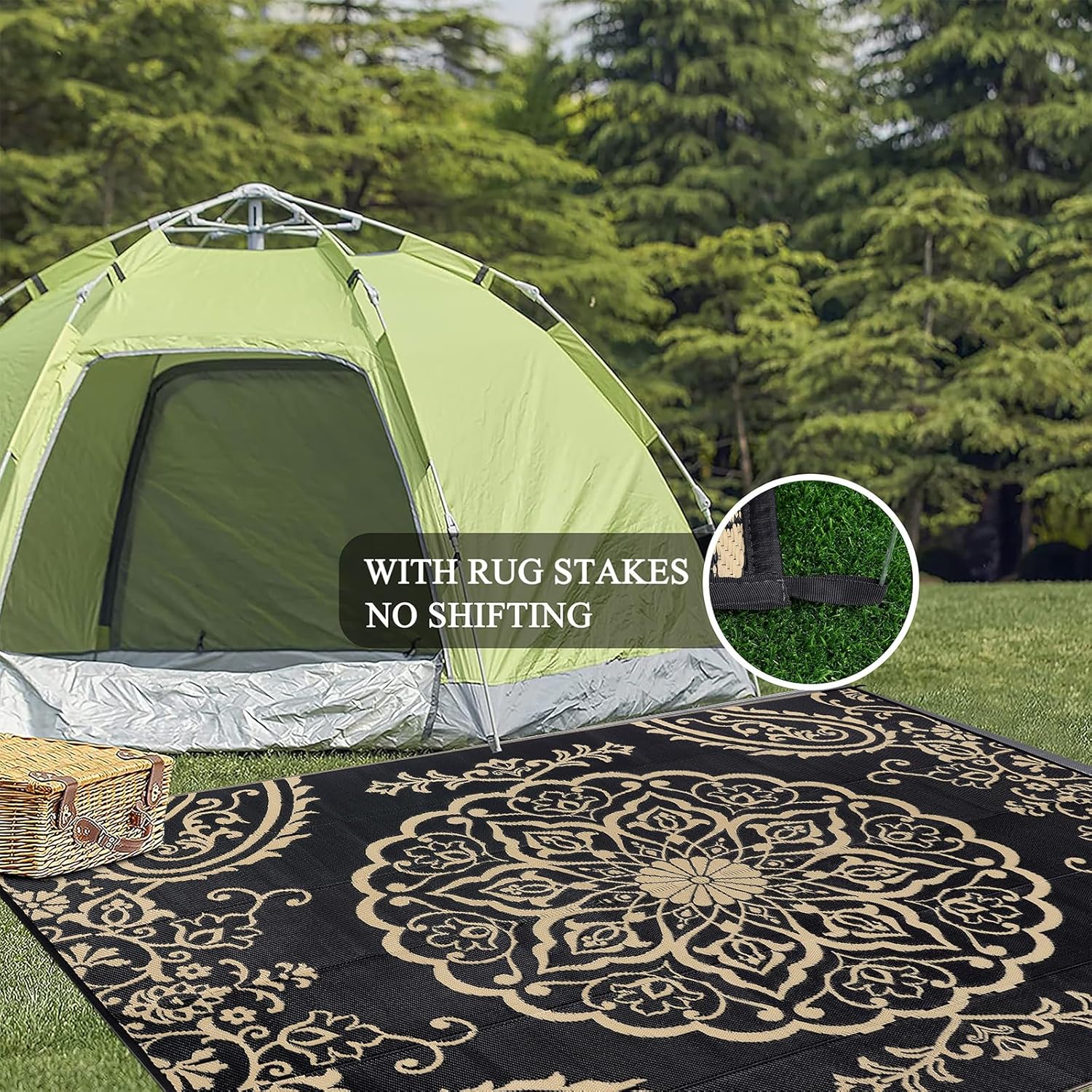 Pauwer Waterproof Outdoor Rug 8x10, Reversible Plastic Straw Patio Camping Rug, Indoor Outdoor RV Mat Carpet for Deck, Camper, Porch, Balcony, Backyard, Picnic, Boho Black Brown