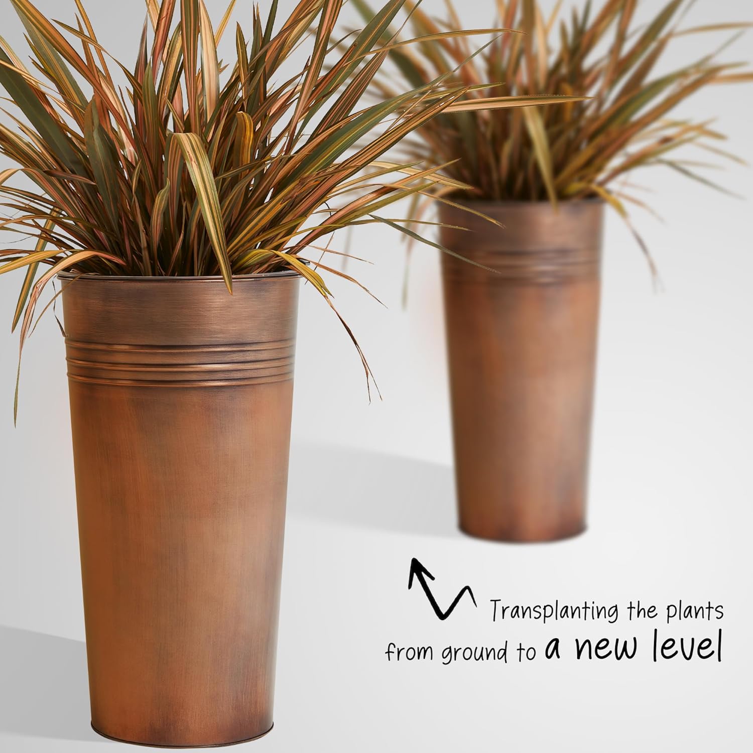 KOL 25'' Tall Galvanized Steel Planter Pot with Water Level Indicator - 2-Pack Self Watering Planters Flower Pot for Plants - Round Powder Metal Planter Box - Indoor Outdoor Grande Plant - Bronze