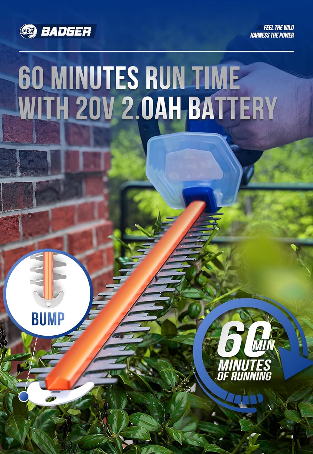 WILD BADGER POWER 20v Hedge Trimmer Upgrated, 22" Cordless with Guard & Bumper, Lightweight, Powerful, 2.0AH Battery and Charger Included