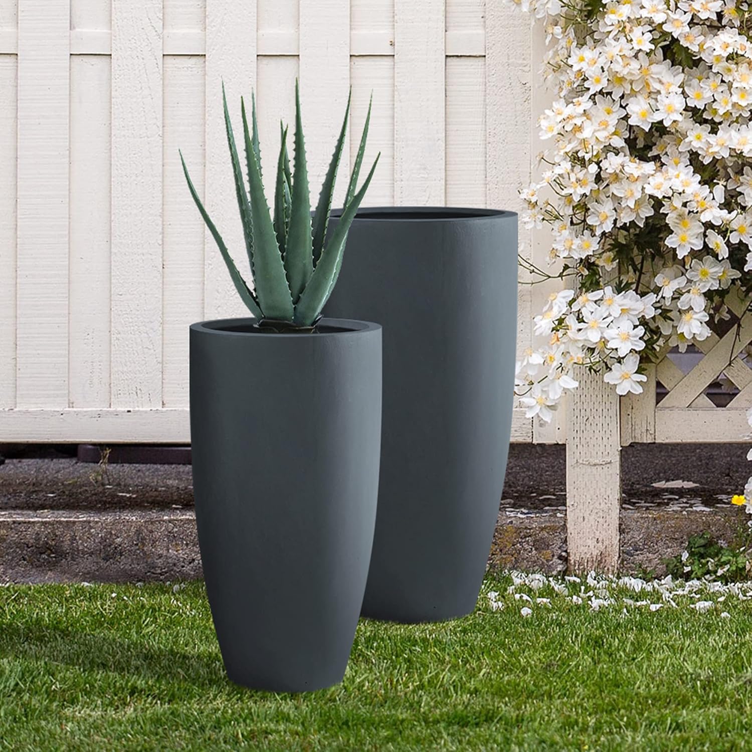 Kante 31.4" and 23.6" H Charcoal Finish Concrete Tall Planters Large Outdoor Indoor Decorative Plant Pots with Drainage Hole and Rubber Plug, Modern Tapered Style for Home and Garden