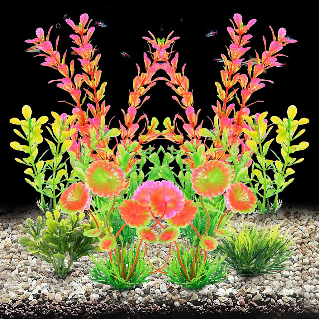 AQUANEAT Artificial Fish Tank Plants, Plastic Aquarium Decorations, Pink Accessories, 10pcs