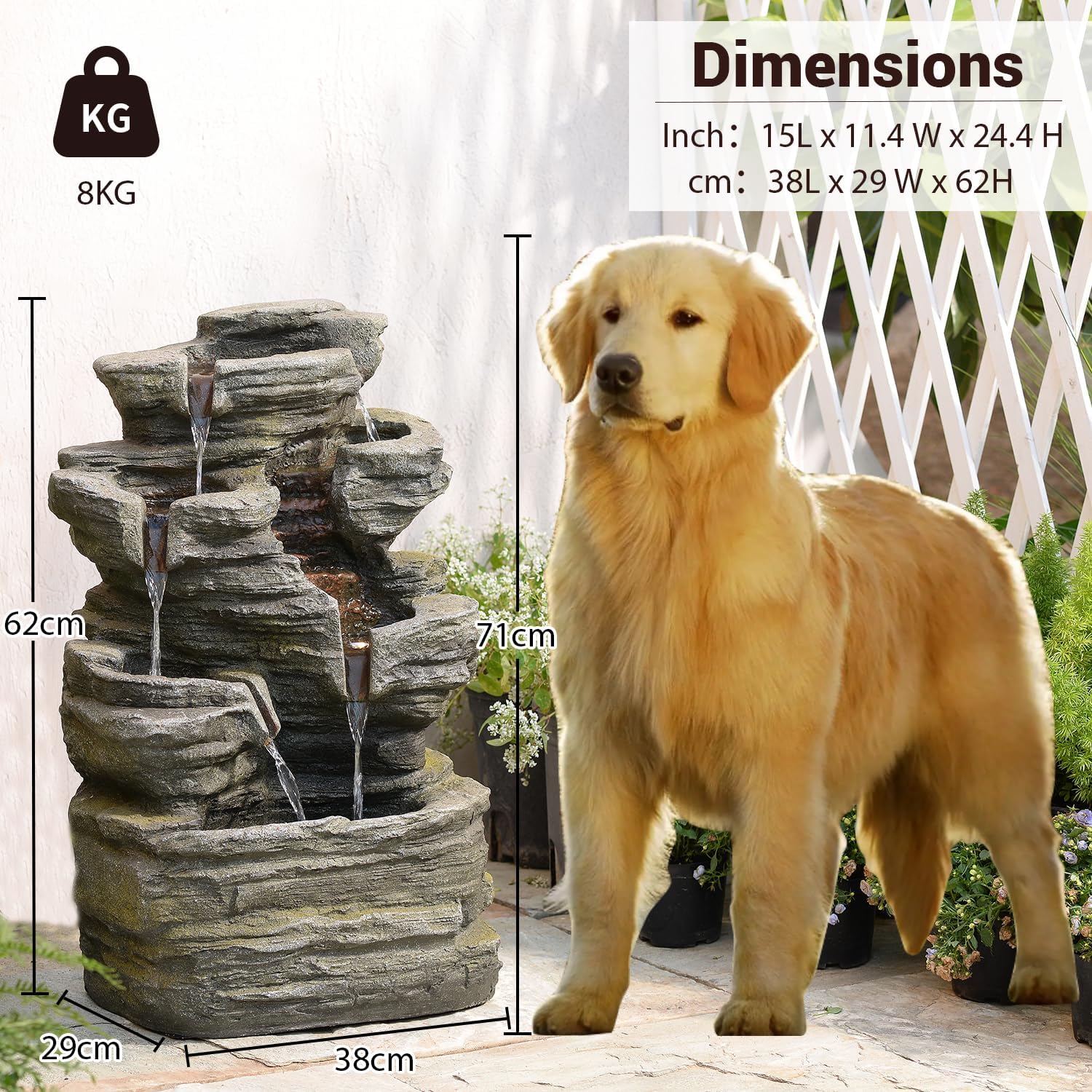 6-Tier Cascading Rock Water Fountain Outdoor Garden Waterfall Decor for Garden, Patio, Backyard, Deck, Porch and Home Art Decor,24.4" H Outdoor Fountain with Lights