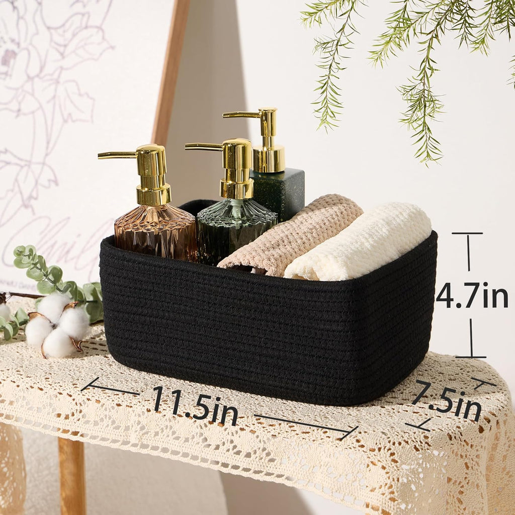 Small Storage Baskets for Organizing | Closet Organizer Bins | Shelf Toy Basket | Woven Rope Baskets | Cube Decorative Box | Shallow Basket | 11.5x7.5x4.7” | 3 Packs Black