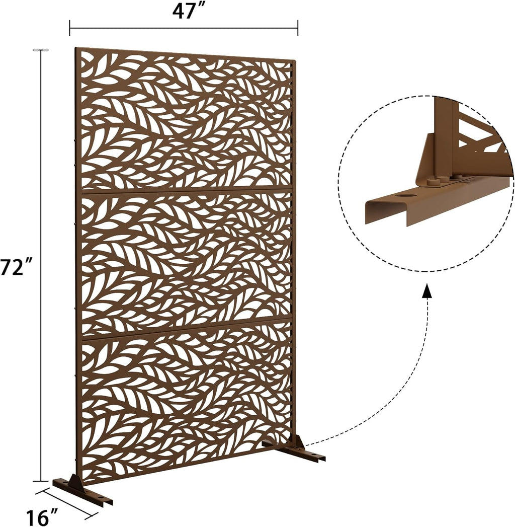 Metal Privacy Screen Outdoor 72" H×47" W,Freestanding Decorative Privacy Screen for Balcony Yard&Garden,Privacy Fence-Brown&Leaf