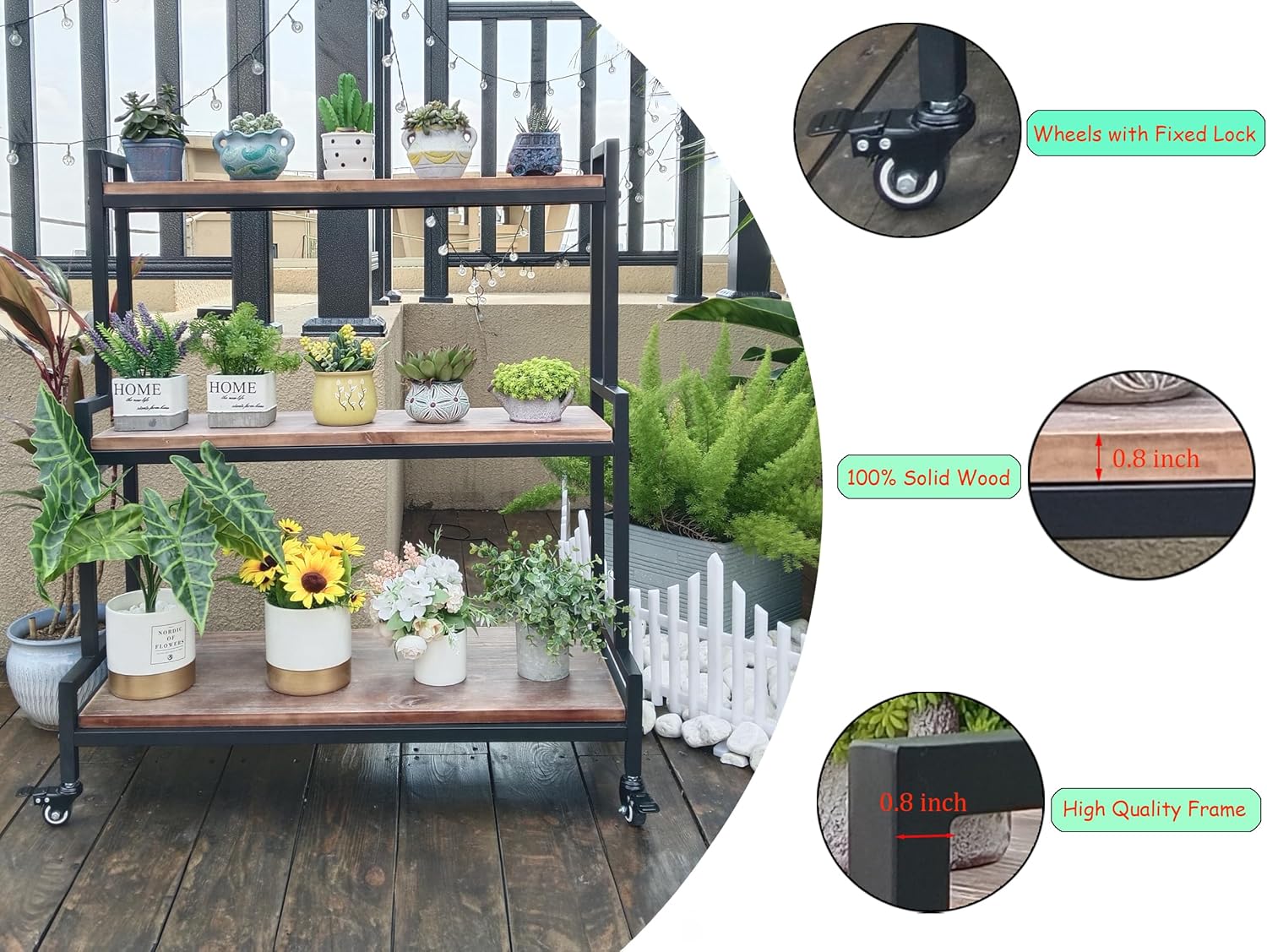 Rustic Plant Stand with Wheels 37“ H, Rolling Plant Shelves Rack Indoor Outdoor,Metal Plant Stand with Solid Wood for Multiple Plants,Industrial Ladder Plant Flower Shelf for Garden,Living Room,Brown