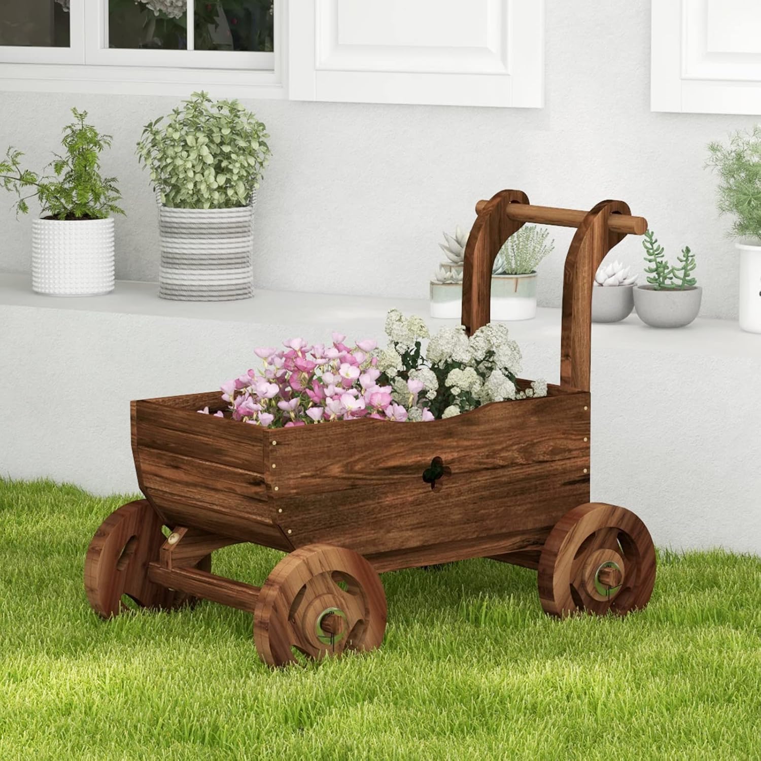 Tangkula Wooden Wagon Planter Box, Decorative Garden Planter w/Wheels, Handle, Drain Hole, Rustic Wooden Flower Cart for Indoor & Outdoor Decor for Patio, Garden, Balcony (27" L x 15" W x 21" H)