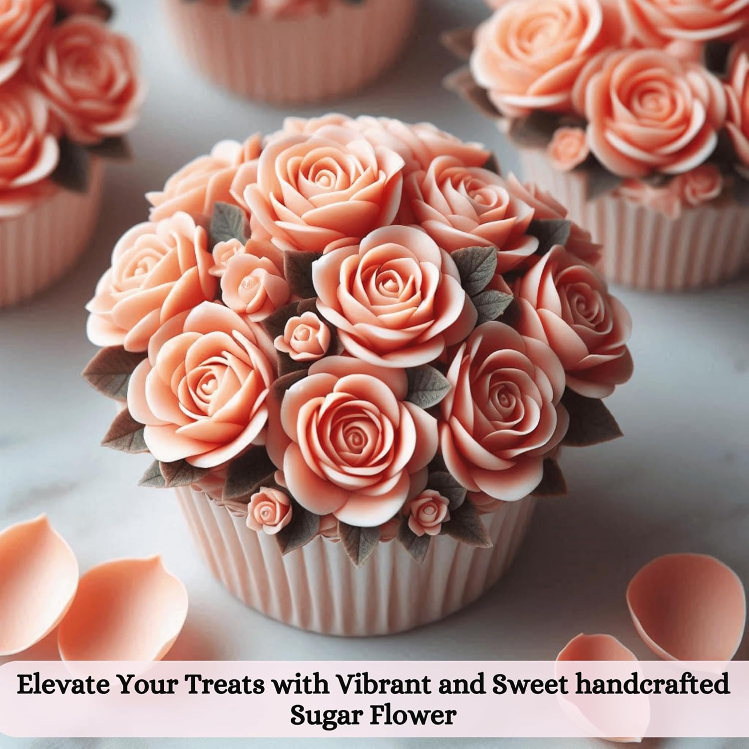 Confect Edible Rose Cake Toppers | Cupcakes & Doughnut Toppers | Roses for Cake Decorations | Edible Pretty Peach Pearl Roses - Vegan, Gluten-Free, Nut-Free, Dairy-Free, Palm Oil-Free -Pack of 12