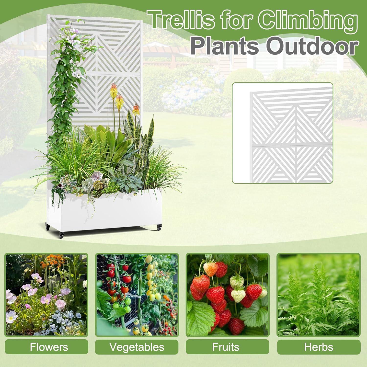 Raised Garden Bed with Trellis and Wheels,73"x35"x16" Metal Raised Garden Bed,White Diamond Metal Planter with Climbing Trellis for Vines & Vegetables