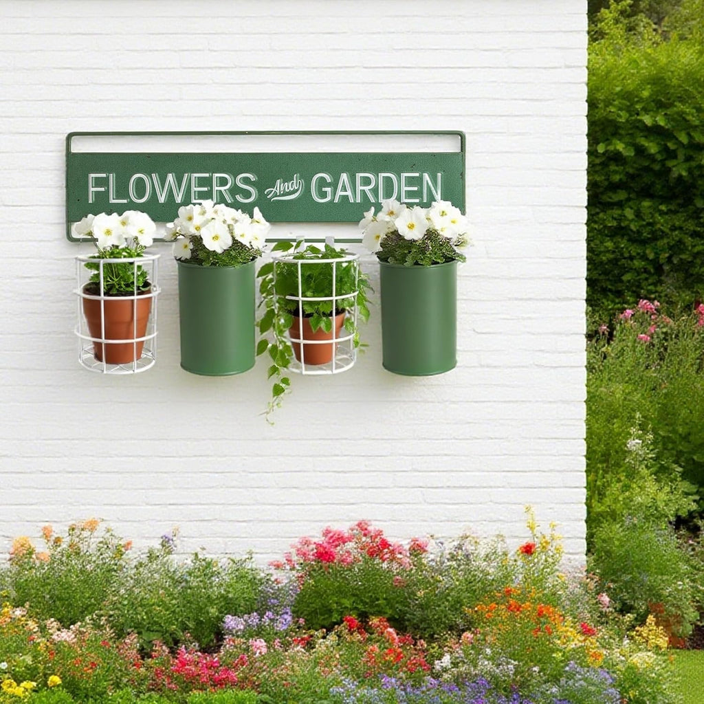 Vintage Metal Hanging Flower Pot Rustic Wall Mounted Planter, Decrative Farmhouse Plants Holder Succulents Tubs for Garden Railing Fence Patio Yard Outdoor Decor