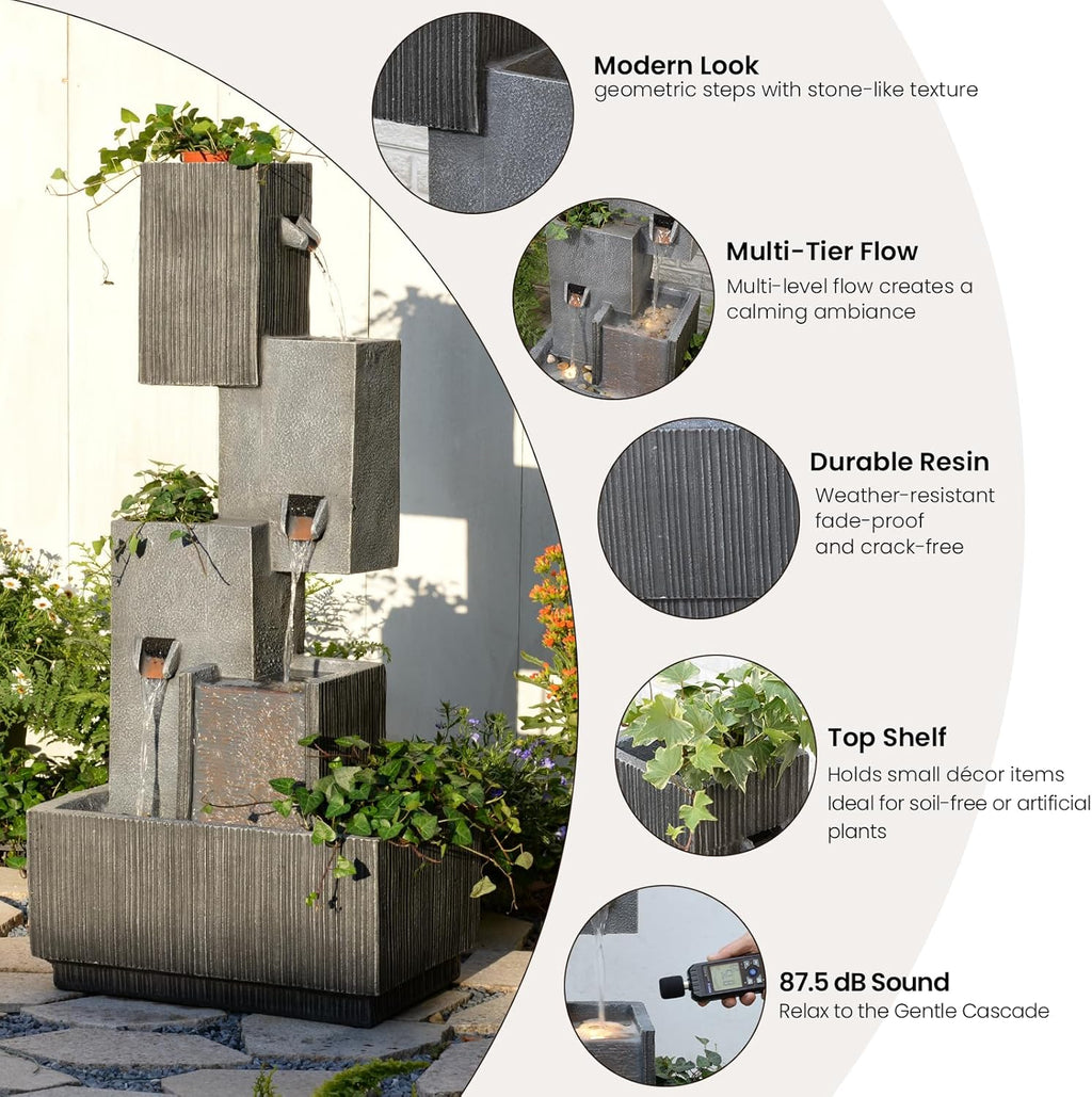 42" H Outdoor Water Fountain Garden Waterfalls - Large Water Feature Geometric Stacking Waterfall Fountains Planter with Lights for Patio Backyard Deck Porch Deck and Home Decor, Gray