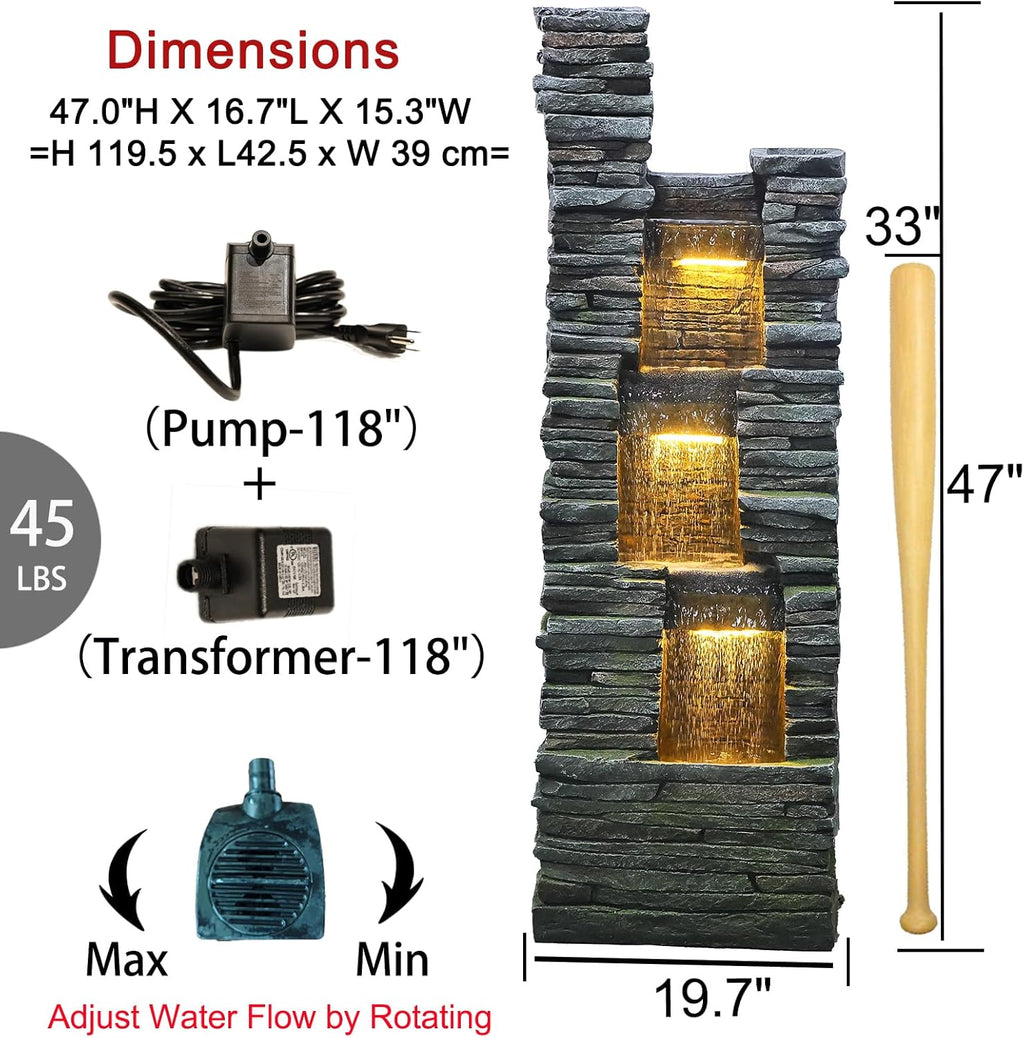 47 in High Water Fountain Outdoor Garden 3 Tier Cascading Large Outdoor Fountains and Waterfalls with LED Lights for Garden, Patio, Backyard, Deck, Porch and Home Art Decor, Natural Stones