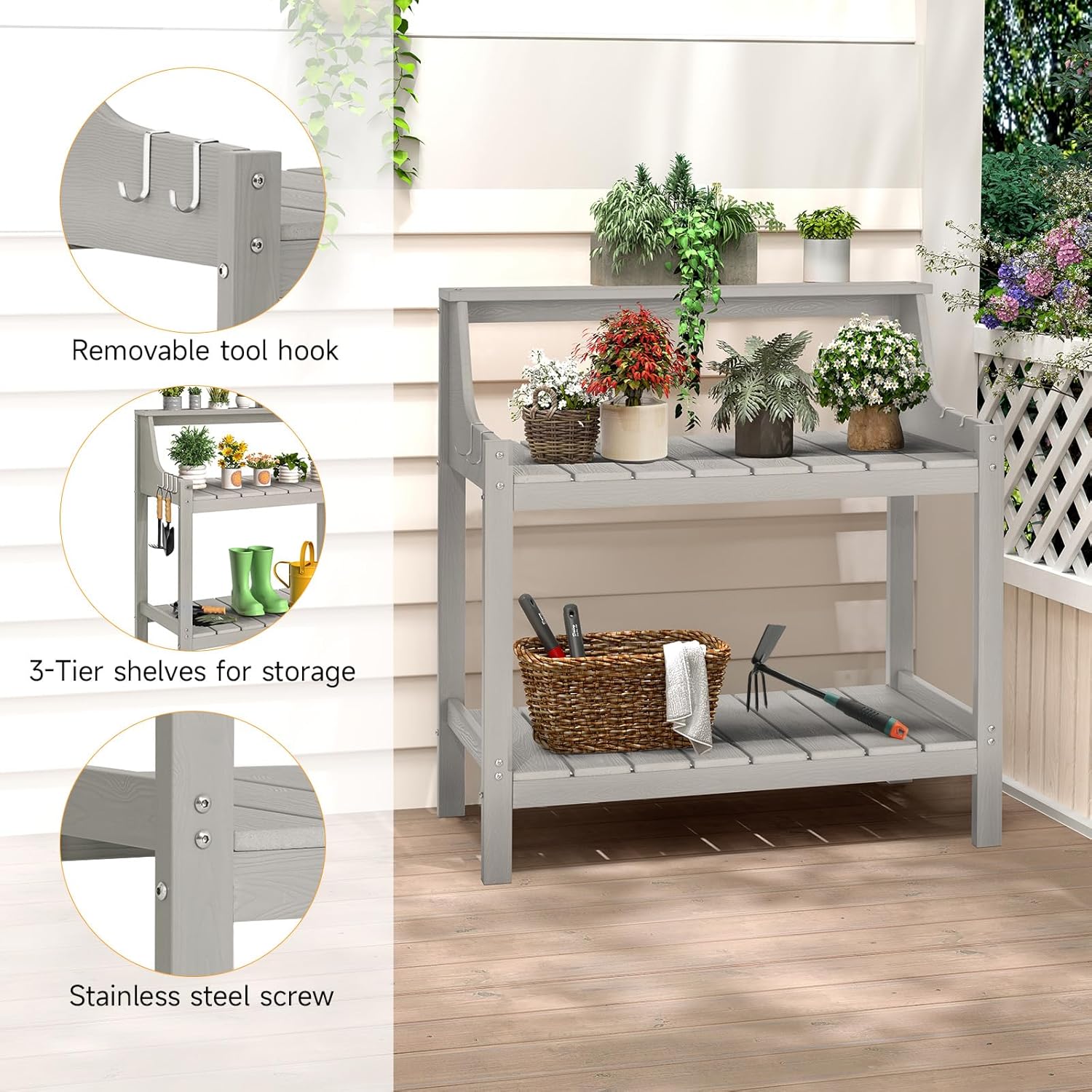 Potting Bench Table, HDPS Potting Bench with 4 Side Hooks, All-Weather Garden Table Work Station, Outdoor Potting Table for Porch, No Rust, No Fade, No Break, 360lbs Capacity (Grey, Large)