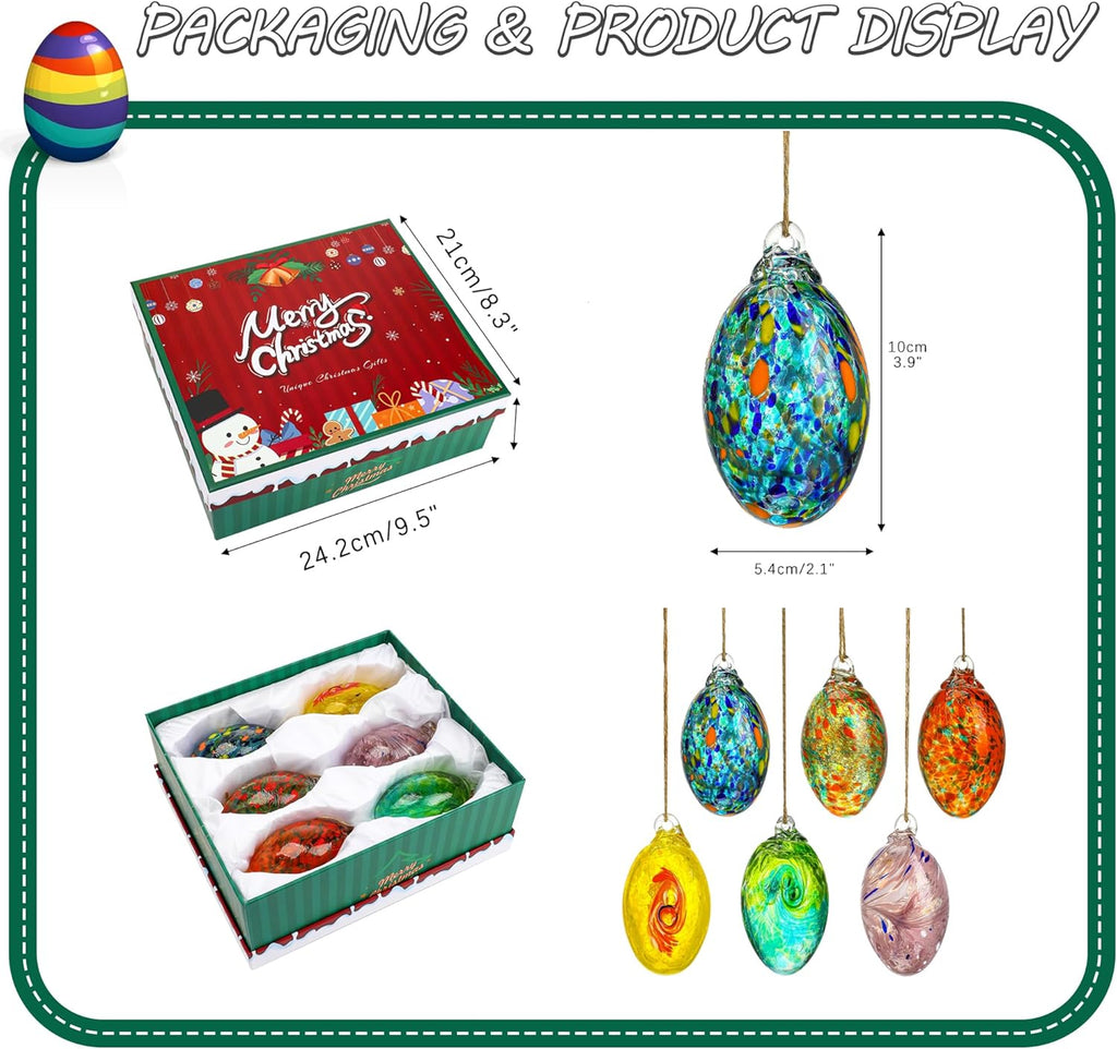 6PCS Hand Blown Glass Egg Ornaments Colorful Hanging Ornament Balls Gazing Ball Friendship Ball Decor for Garden Patio Window Christmas Tree