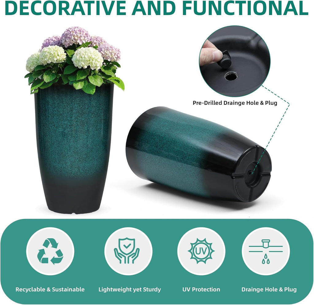 23.6" Set of 2 Tall Outdoor Planters, Gradient Turquoise Plastic Flower Pots, Weatherproof for Porch, Garden, Patio or Indoor Décor