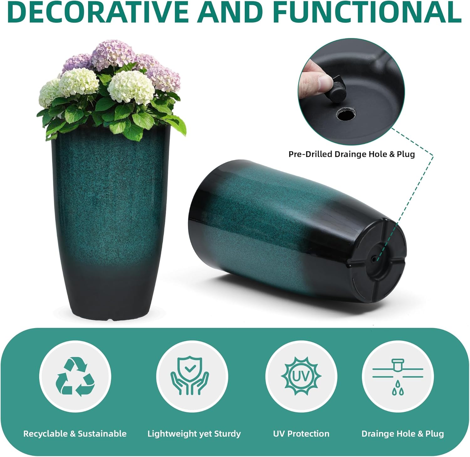 23.6" Set of 2 Tall Outdoor Planters, Gradient Turquoise Plastic Flower Pots, Weatherproof for Porch, Garden, Patio or Indoor Décor