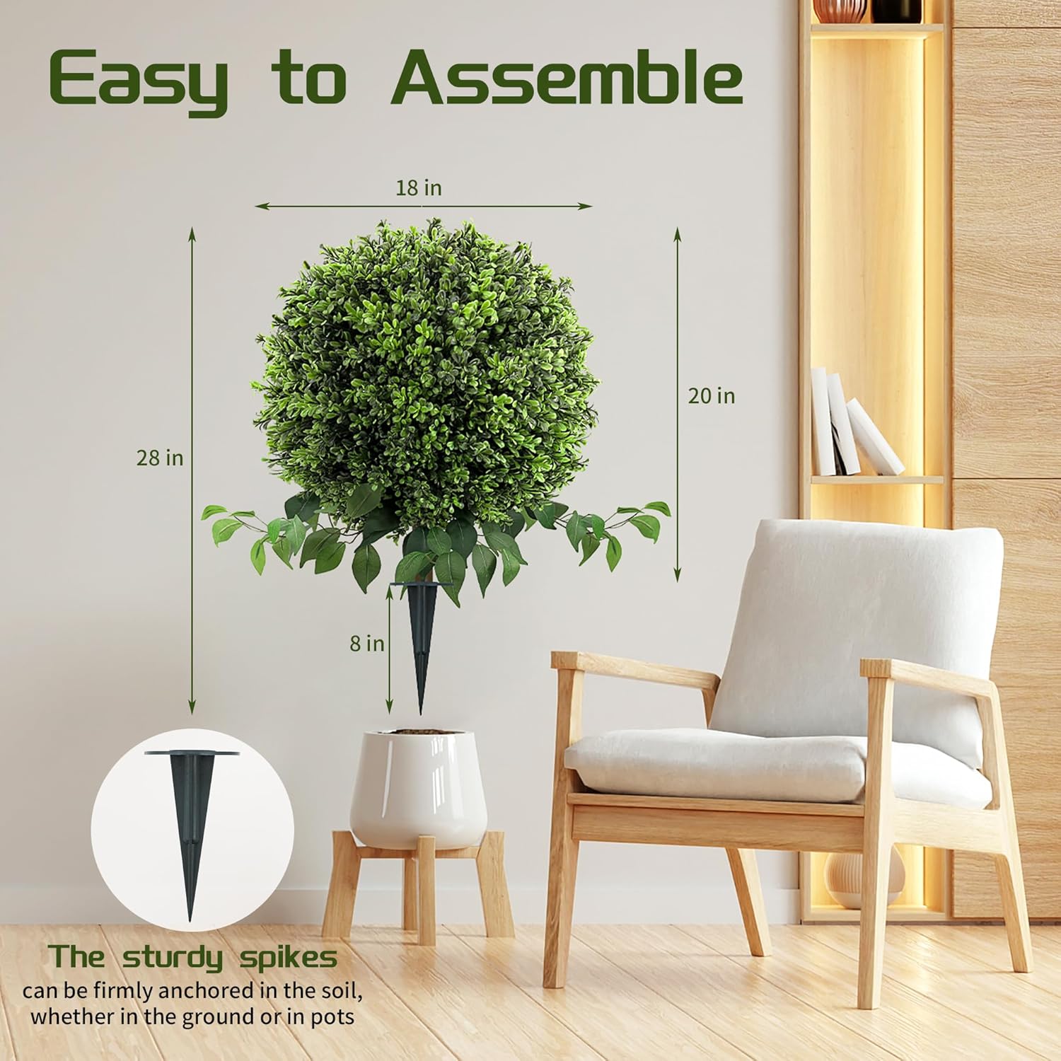 28" Artificial Boxwood Ball Bush, UV Resistant Topiary Tree Faux Boxwood Ball Shaped Porch Bushes with Ground Spike Artificial Bushes for Outdoors Front Door Decor Home Garden (6, Green)