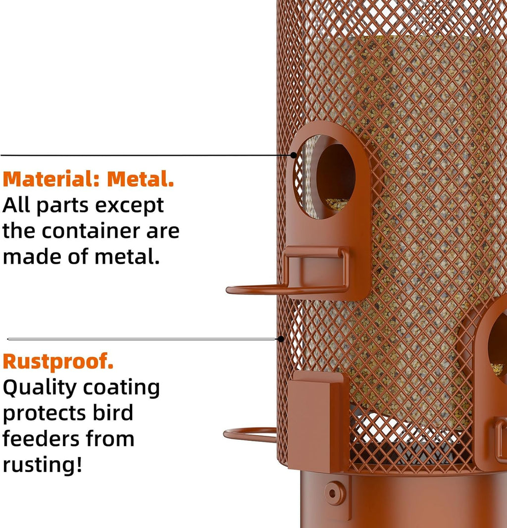 Metal Squirrel Proof Bird Feeder,Bird Feeders for Outdoors,Weight Activated Squirrel Proof Wild Bird Feeders with Finch Cardinal Chickadee,Large Capacity,Weatherproof and Durable,Reddish Brown