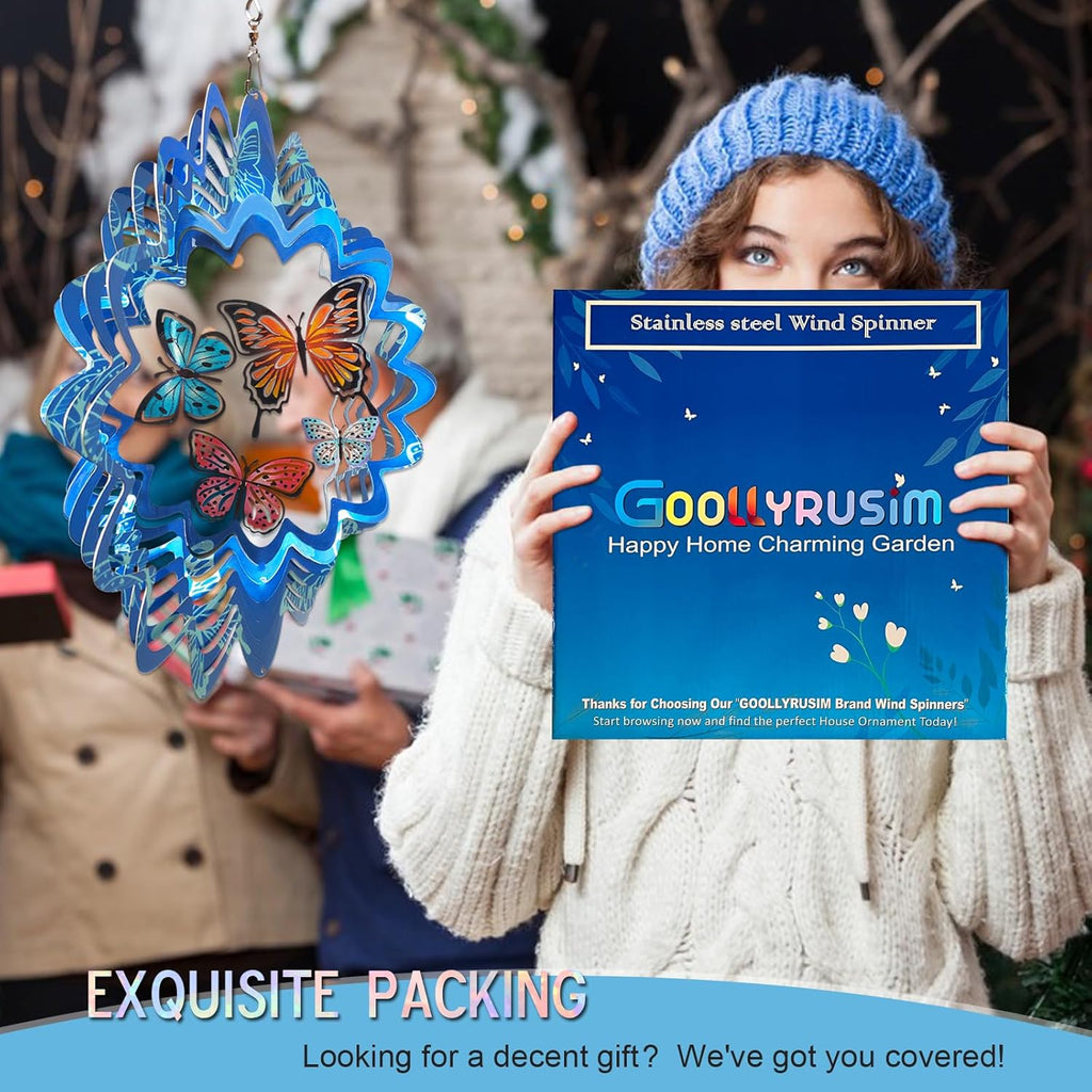 Goolyrusim Wind Spinner Outdoor, Butterfly Wind Spinner, 12in Laser Cut Stainless Steel Hanging Wind Sculptures, Garden Decoration Yard Decor, Butterfly Gifts for Women Mom Wife Girl Sister Grandma