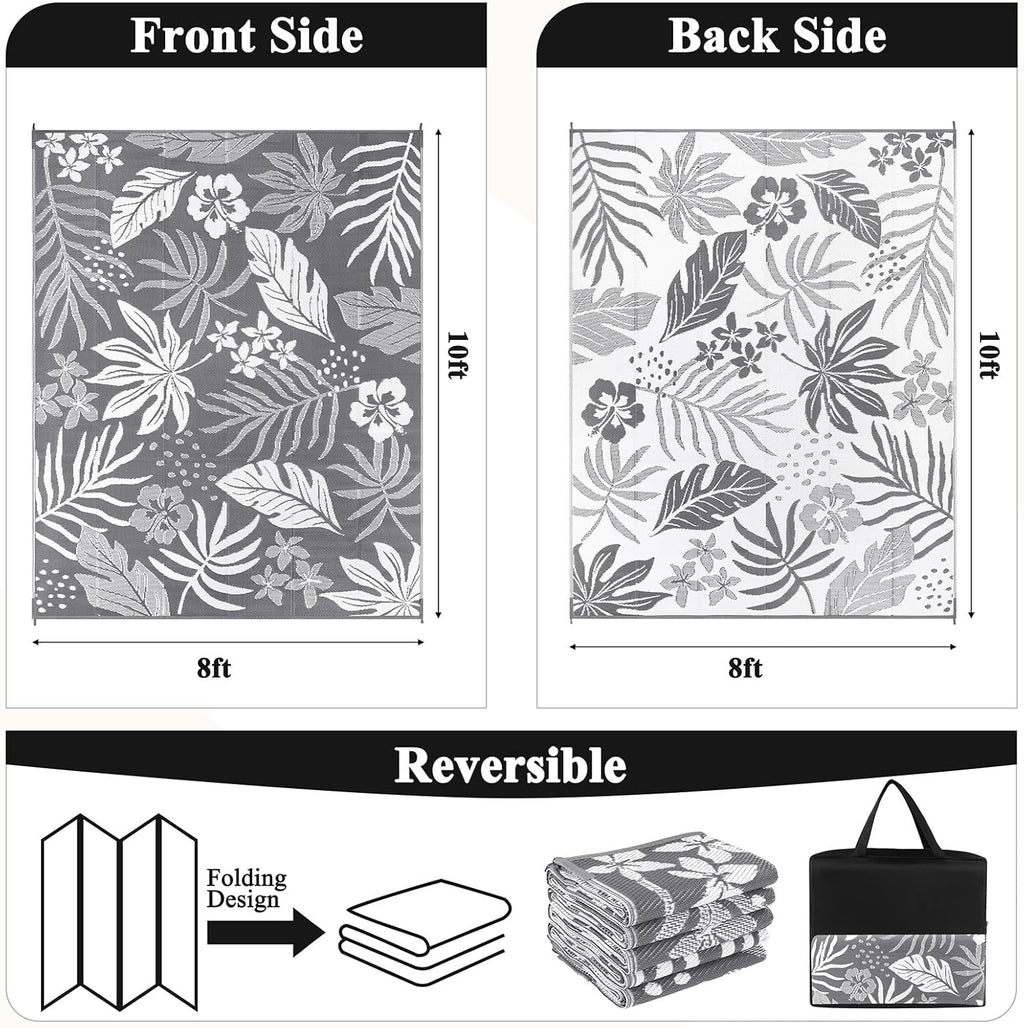 Pauwer Waterproof Outdoor Rug 8x10, Reversible Plastic Straw Patio Camping Rug, Indoor Outdoor RV Mat Carpet for Deck, Camper, Porch, Balcony, Backyard, Picnic, Floral Grey