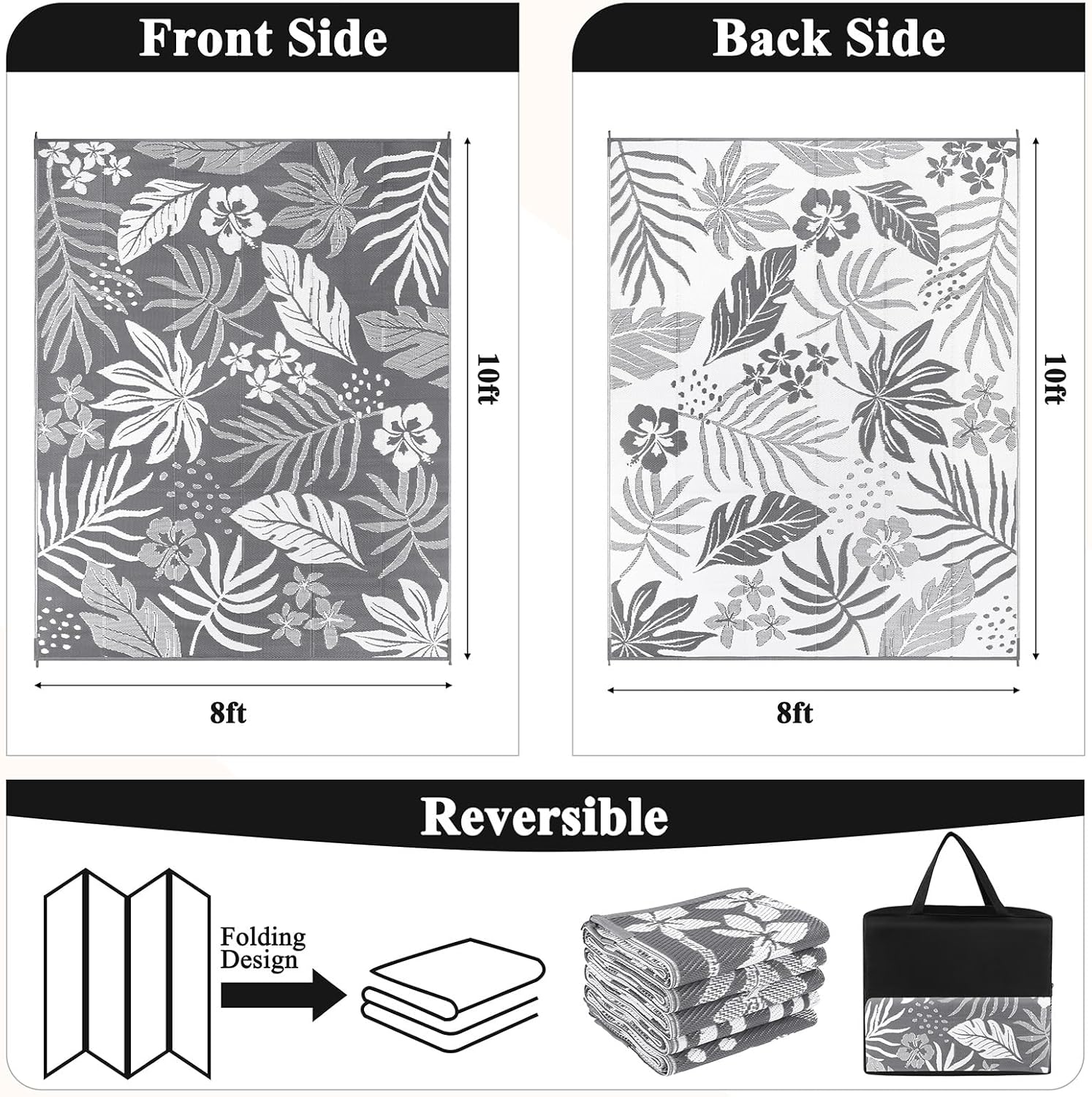 Pauwer Waterproof Outdoor Rug 8x10, Reversible Plastic Straw Patio Camping Rug, Indoor Outdoor RV Mat Carpet for Deck, Camper, Porch, Balcony, Backyard, Picnic, Floral Grey