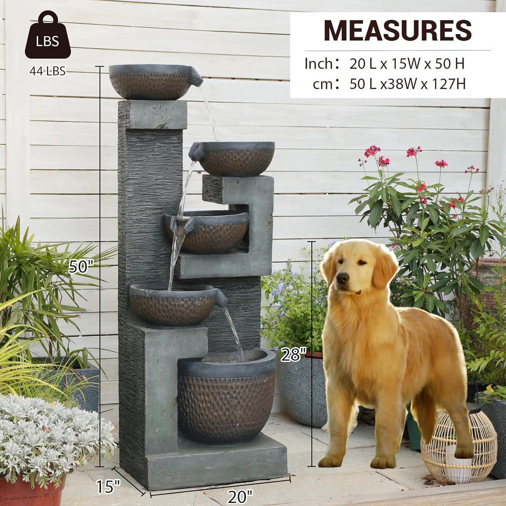 50" H Large Garden Fountains Outdoor, 5-Tier Cascading Rustic Style Bowl Water Fountain and Waterfall Feature with Light and Pump for Garden, Patio, Deck, Porch, Home Décor, Gray&Brown