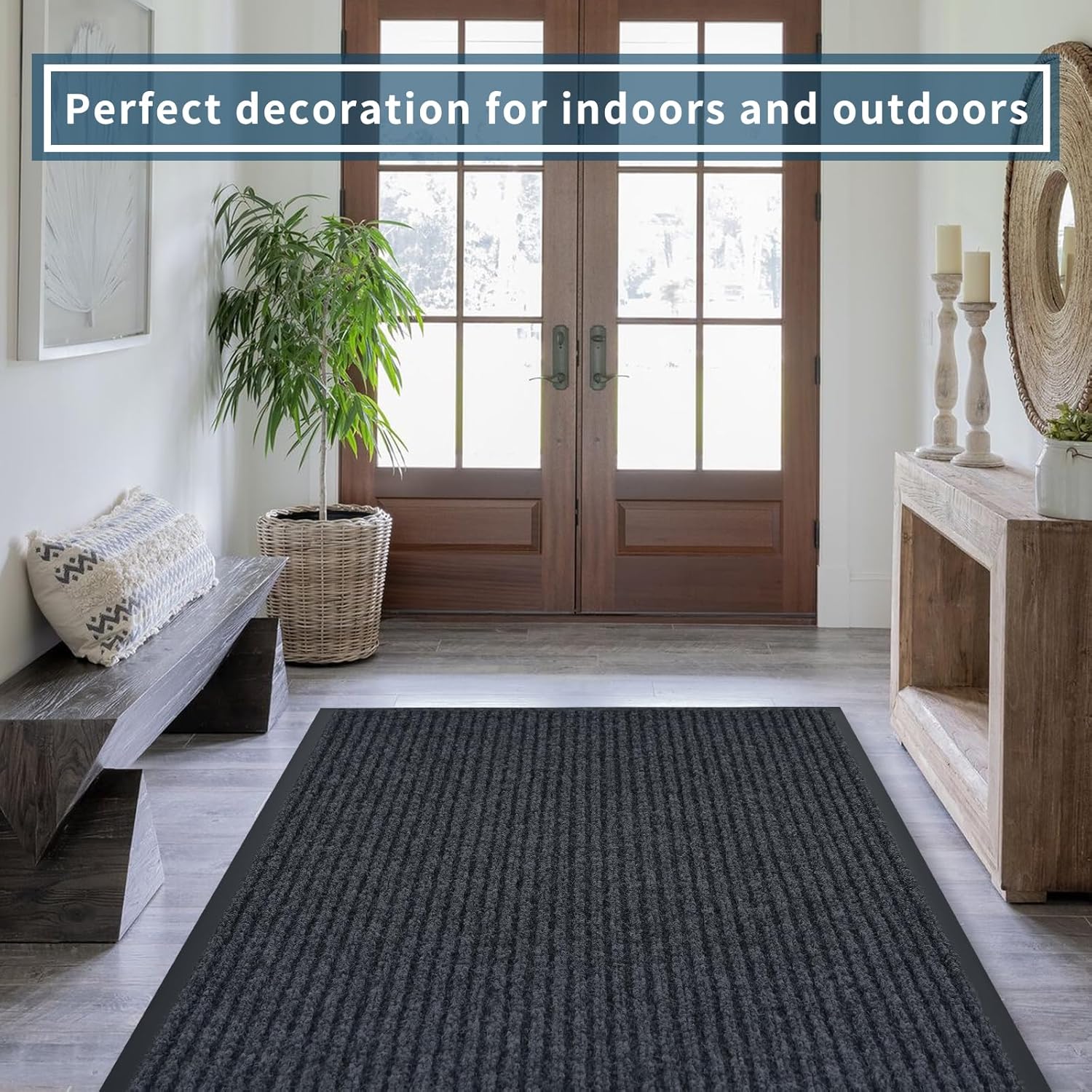 fani Heavy Duty Large Outdoor Indoor Entrance Black Doormat Waterproof Low Profile Entrance Rug Front Door Mat Patio Anti-Skid Rubber Back, 48x120 inch (Gray)