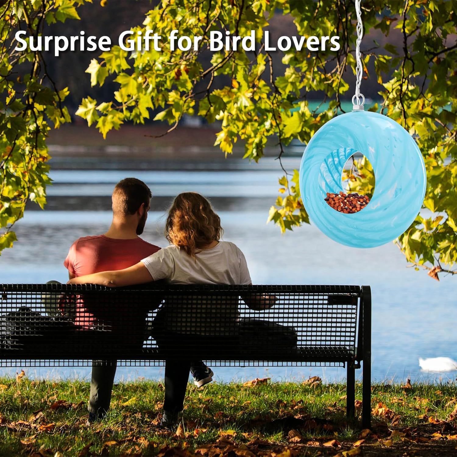 Bird Feeder Fly Through Bird Feeders for Outside Hanging with Round Shape Glass Container Solar Wild Birds Feeder for Garden Decor, 8-Inch (Cyan)