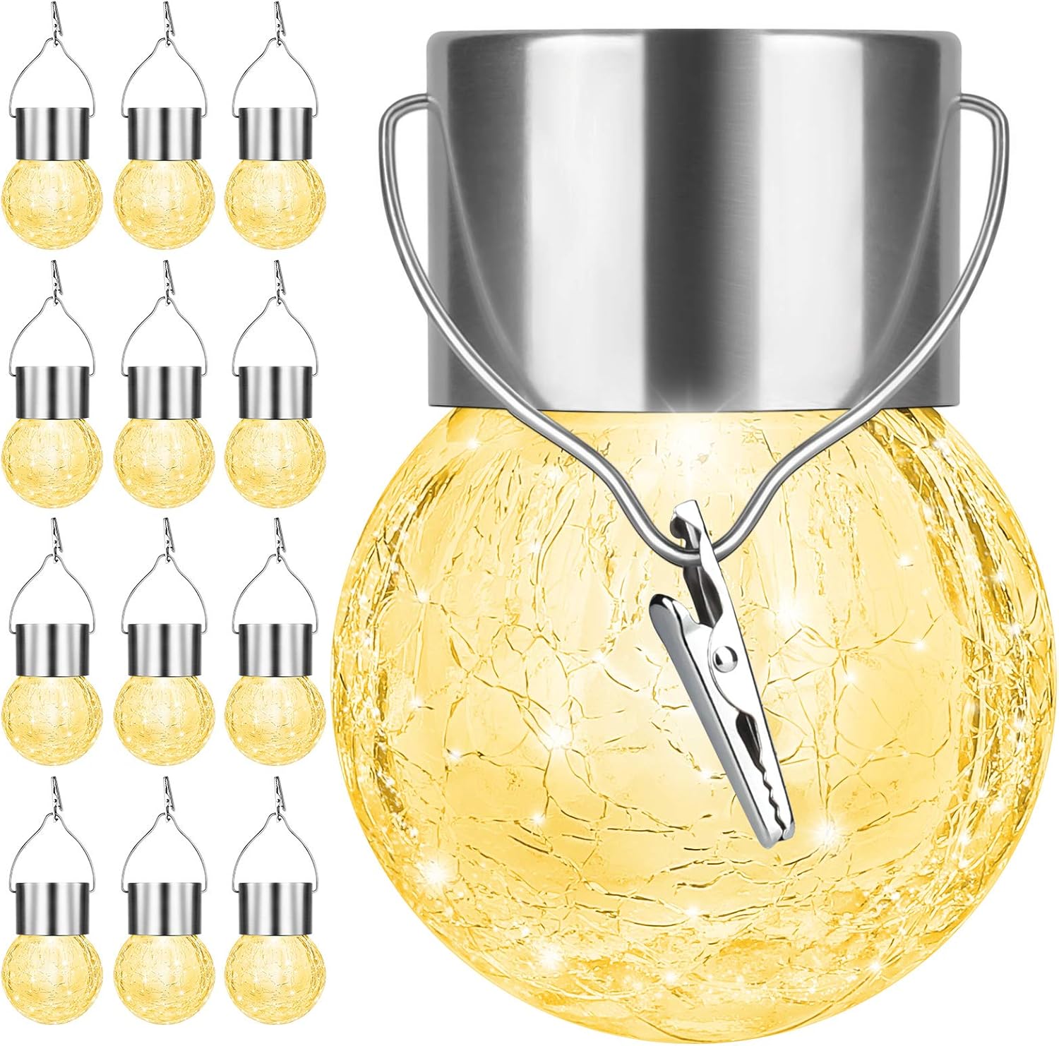 12Pack Hanging Outdoor Solar Lights - Decorative Cracked Glass LED Ball Lights Waterproof Tree Solar Powered Globe Lights with Handle for Garden Yard Patio Fence Christmas Decoration, Warm White