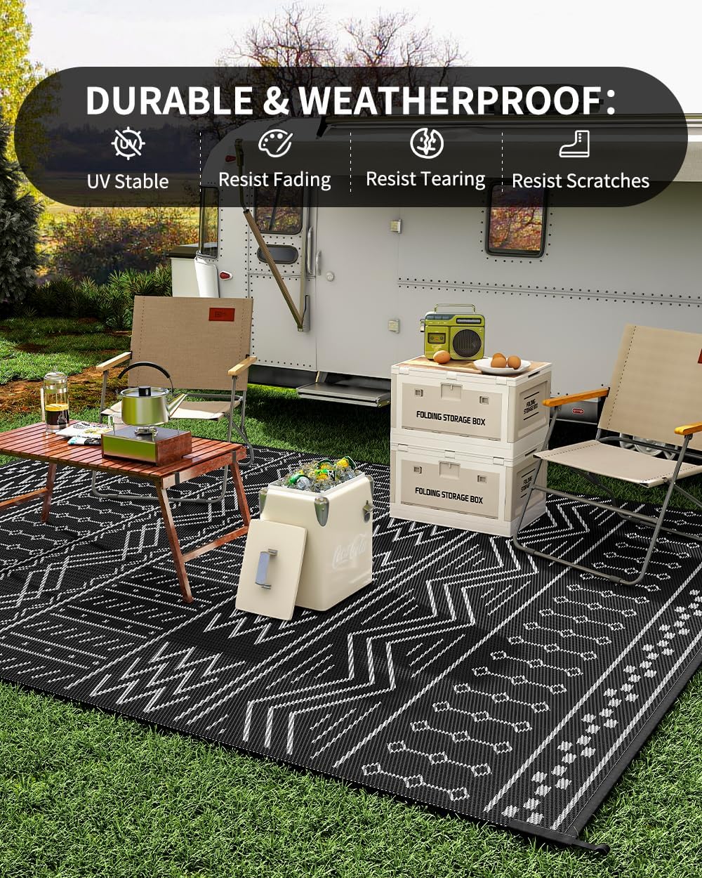 Outdoor Rug Carpet Waterproof 8x10 ft Patio Rug Mat Indoor Outdoor Area Rug for RV Camping Picnic Reversible Lightweight Plastic Straw Outside Rug for Patio Decor Decoration Boho Rug Black White