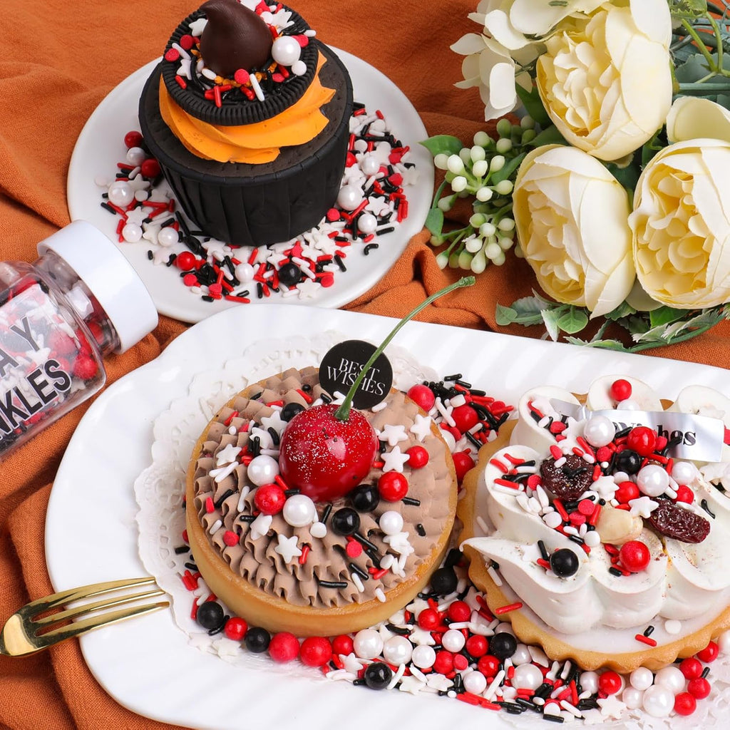 Red White and Black Sprinkles for Cake Decorating, Edible Sprinkle Mix, Perfect for Cake Decorations, Baking, Ice Cream, Cookies, Cupcake Toppers