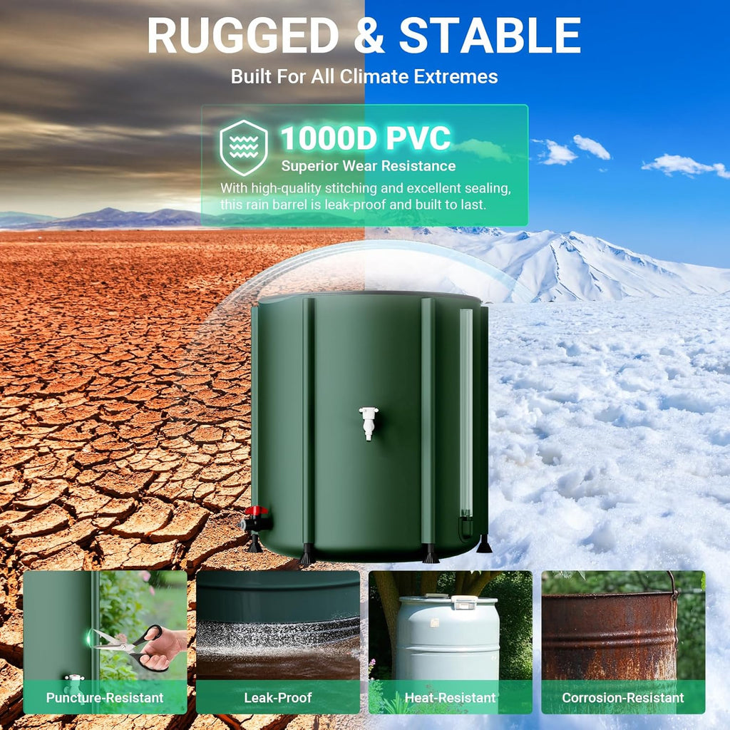SKM Collapsible Rain Barrel, 53 Gallon Portable Rain Water Collection Barrel for Garden/Outside/Lawn, PVC Rainwater Collection System Water Tank Storage Container with Spigots & Overflow Kit, Green