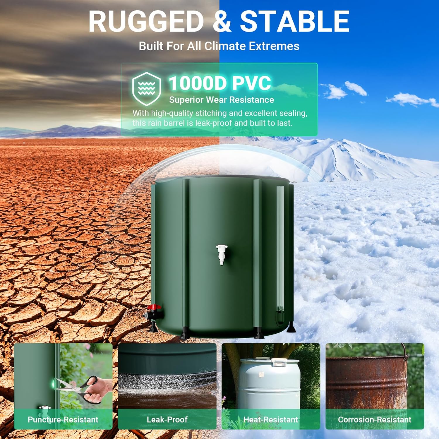 SKM Collapsible Rain Barrel, 53 Gallon Portable Rain Water Collection Barrel for Garden/Outside/Lawn, PVC Rainwater Collection System Water Tank Storage Container with Spigots & Overflow Kit, Green