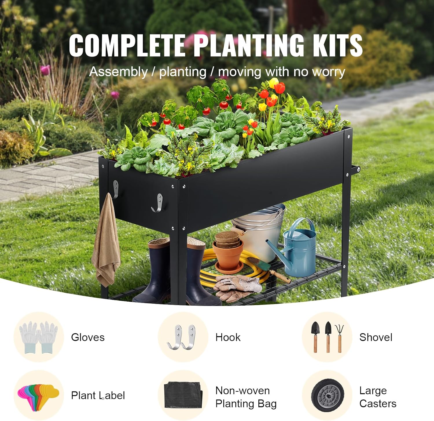 VEVOR Raised Planter Box with Legs and Wheels, Larger Size 43.3x19.5x31.5 Outdoor Elevated Garden Bed On Wheel, Metal Planting Boxes for Growing Flowers/Vegetables/Herbs in Backyard/Garden/Balcony