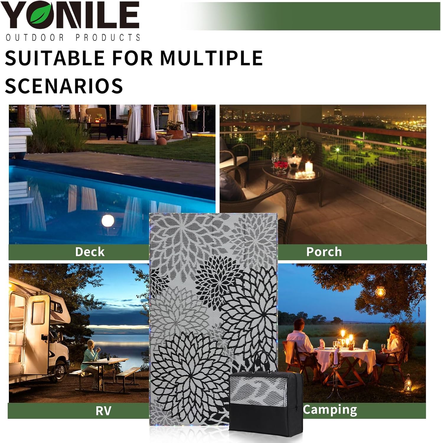 Outdoor Rug 9x12 ft with LED Light, Waterproof Reversible Outdoor Plastic Straw Rug for Patios Clearance, Large Outdoor Area Rug Carpet RV Mat for Camping Backyard Deck Porch Beach